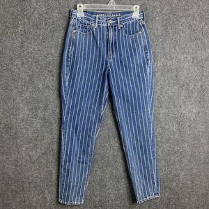 American Eagle Mom Jeans Sz 2 High Rise Blue W/ White Stripes Medium Wash Cotton